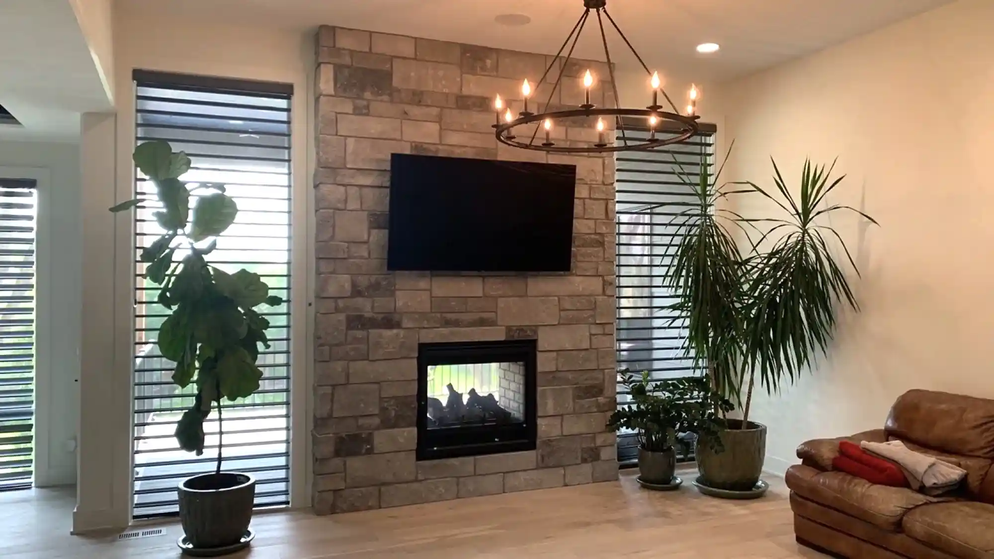 Sheer Shades Stone Fireplace Living Room Dark Silhouette sheer shades on tall windows flanking a stone fireplace with mounted TV, leather sofa, and large indoor plants.